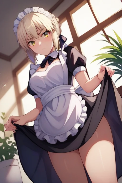 [Stable Diffusion] 命运刀 命运守护夜Saber Alter 撩起裙子 R18 注视观众 裙子 女佣制服 [插画]