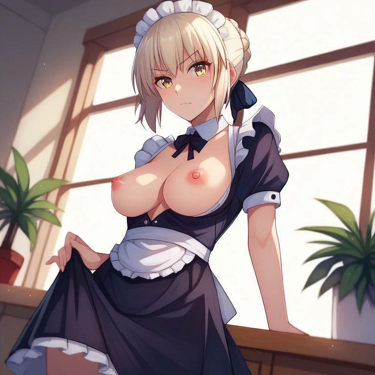 [Stable Diffusion] 乳房 命运刀 命运守护夜Saber Alter 高品质 撩起裙子 乳头 R18 团体性交 注视观众 裙子 女佣制服 [插画]