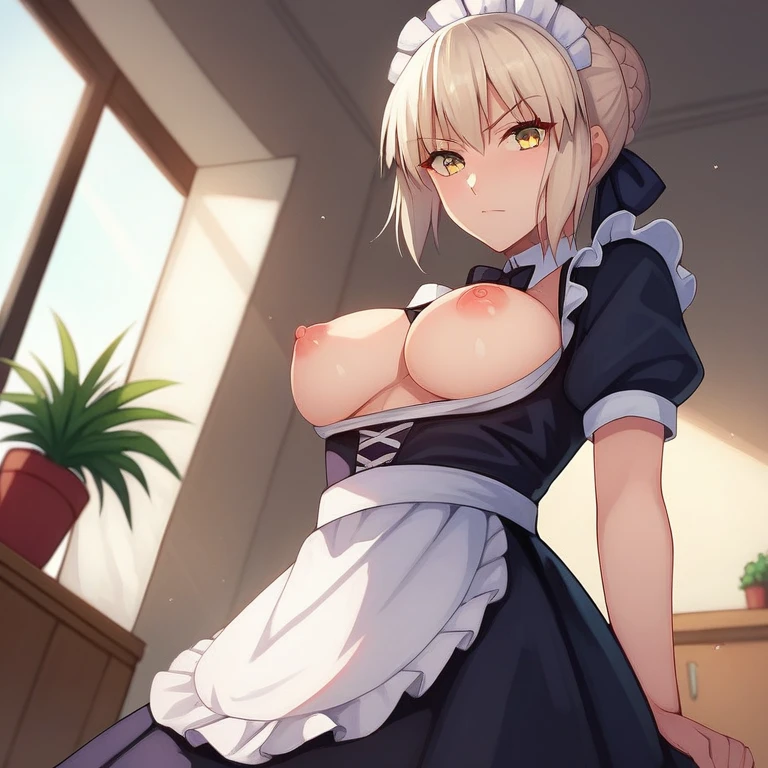 [Stable Diffusion] 乳房 命运刀 命运守护夜Saber Alter 高品质 撩起裙子 乳头 R18 团体性交 注视观众 裙子 女佣制服 [插画]